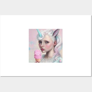 Unicorn Girl with Pink Ice Cream Posters and Art